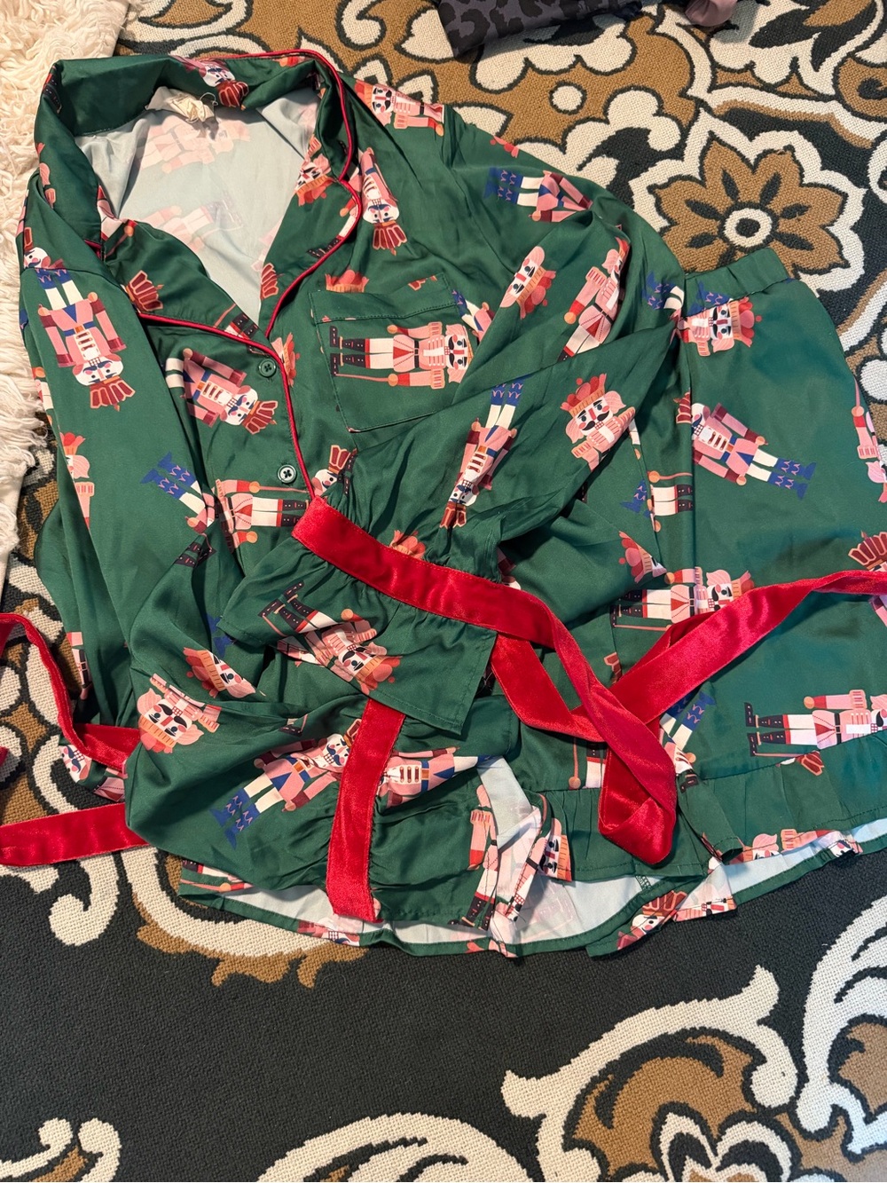 Fantastic Fawn Green Nutcracker Pajama Set with Red Ribbon Trim